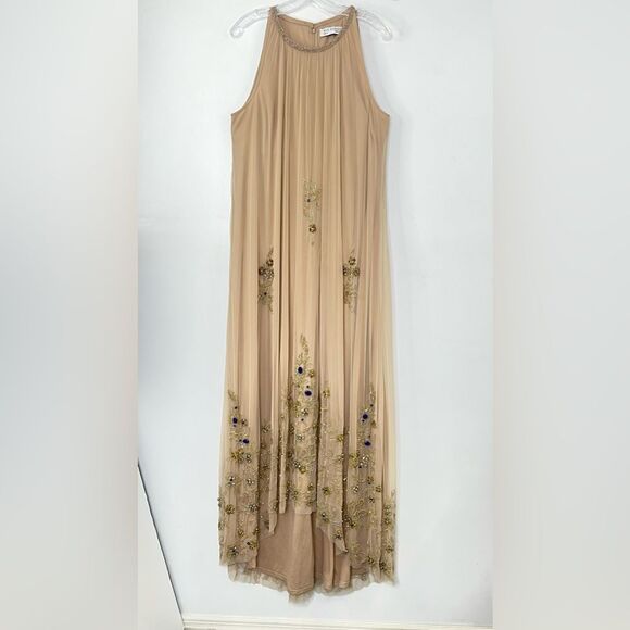 Mac Duggal 9232 High Neck Jewel Hem Embellished Trapeze Nude Gold Gown, Size 14 - Picture 2 of 10